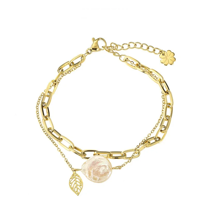 

Hot-Selling Stainless Steel Evening Event Jewelry Accessories 14K Gold Plated Flower Leaf Multi Layer Bracelet