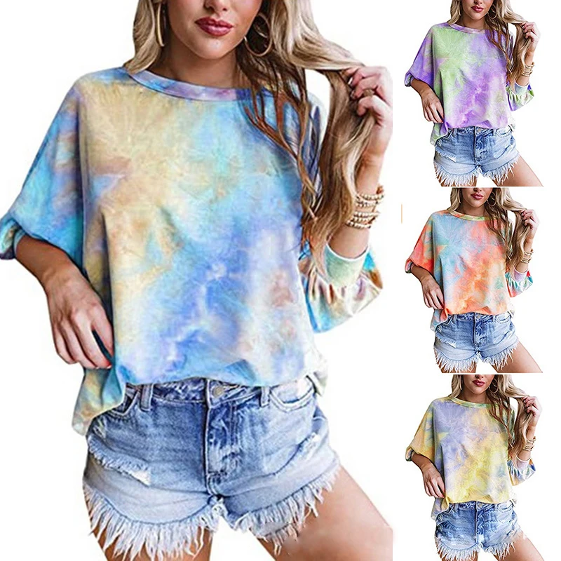 

2021 Amazon Wish Fall/Winter New Women's Tie-dyed 3/4 Sleeve Loose Casual T-Shirt Top Women, Picture shows