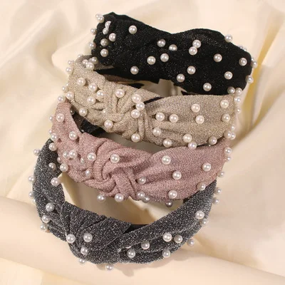 

European Vintage Simulated Pearl Knot Head Buckle Colored Shiny Silk Pearl Hairband for Ladies