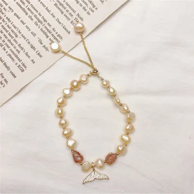 

Handmade Hotsale Real Freshwater Pearl Beads Bracelet Baroque Pearl Red Agate Beads Full CZ Fish Tail Charm Bracelet for Women