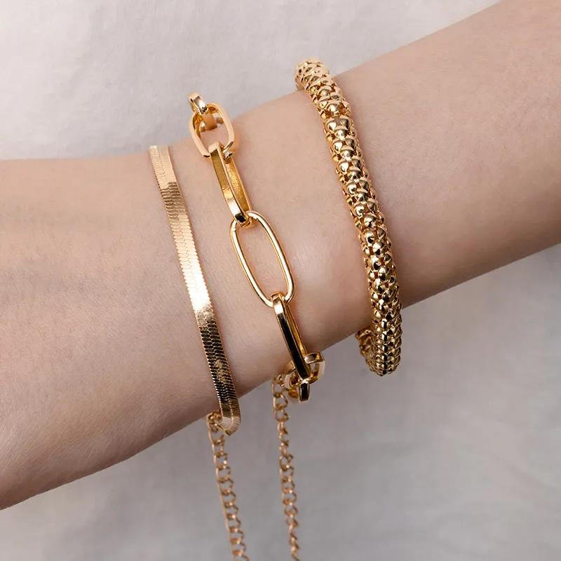

2021 Miami Luxury Gold Plated Charm Women Bracelets Set Jewelry,Cuban Chain Bracelet Multilayer, Gold color