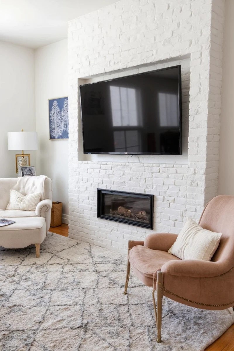 DIY floating shelves next to wall-mounted TV