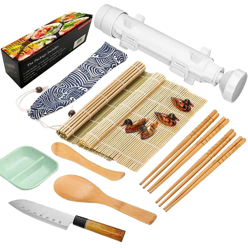 

Beginners Easy Use Home, Bamboo Roll Mat Rice Seaweed All One Wood Sushi Making Kit Equipment With Bazooka/, Natural color