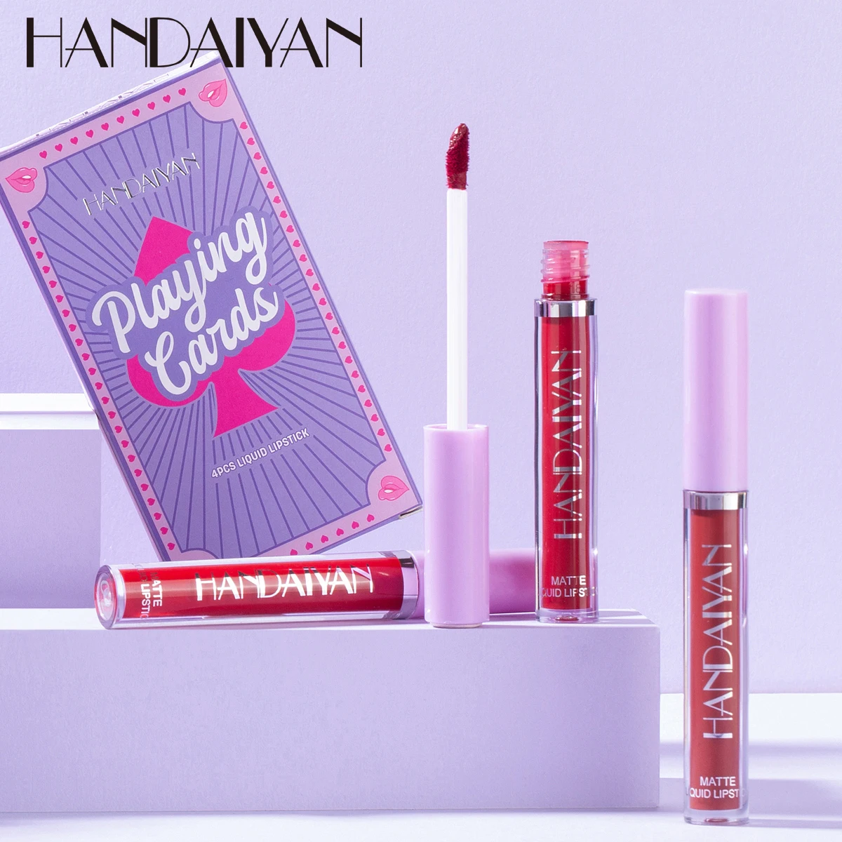 

HANDAIYAN Brand Owners 4 Colors Playing Cards Lipgloss Set Matt Non-stick Cup Vegan Cosmetics