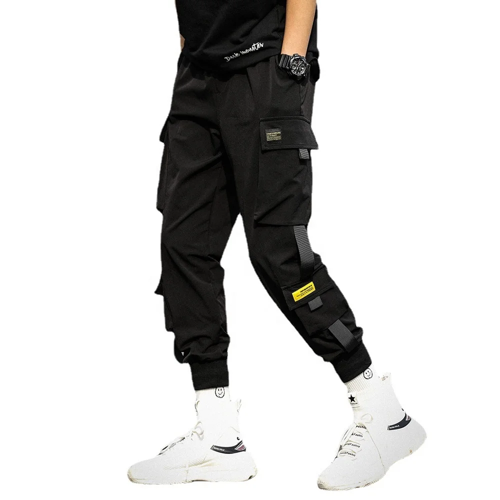 

100 polyester multi pockets joggers men brand black waterproof loose webbing sports function cargo pants