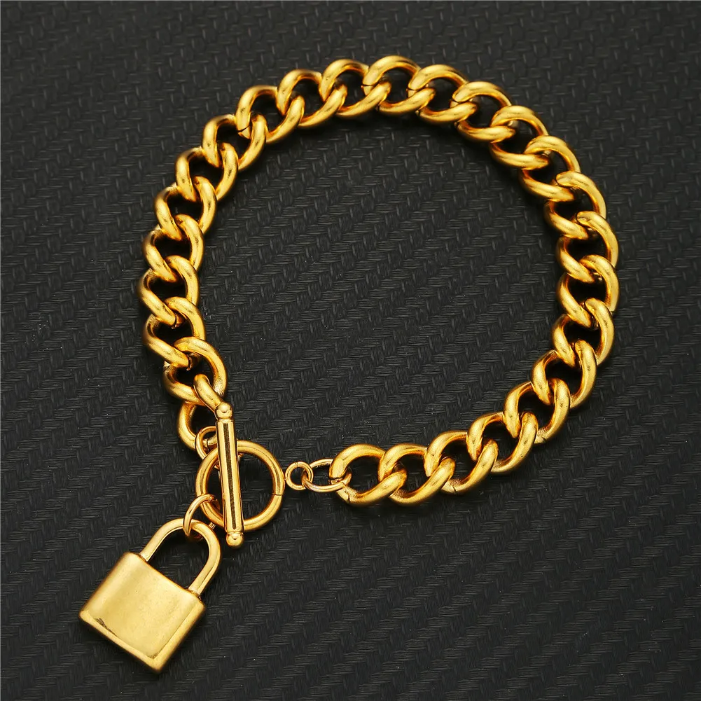 

Wholesale Gold Plated Stainless Steel Link Chain Lock Charm Bracelet Chunky Link Chain Lock Pendant OT Clasp