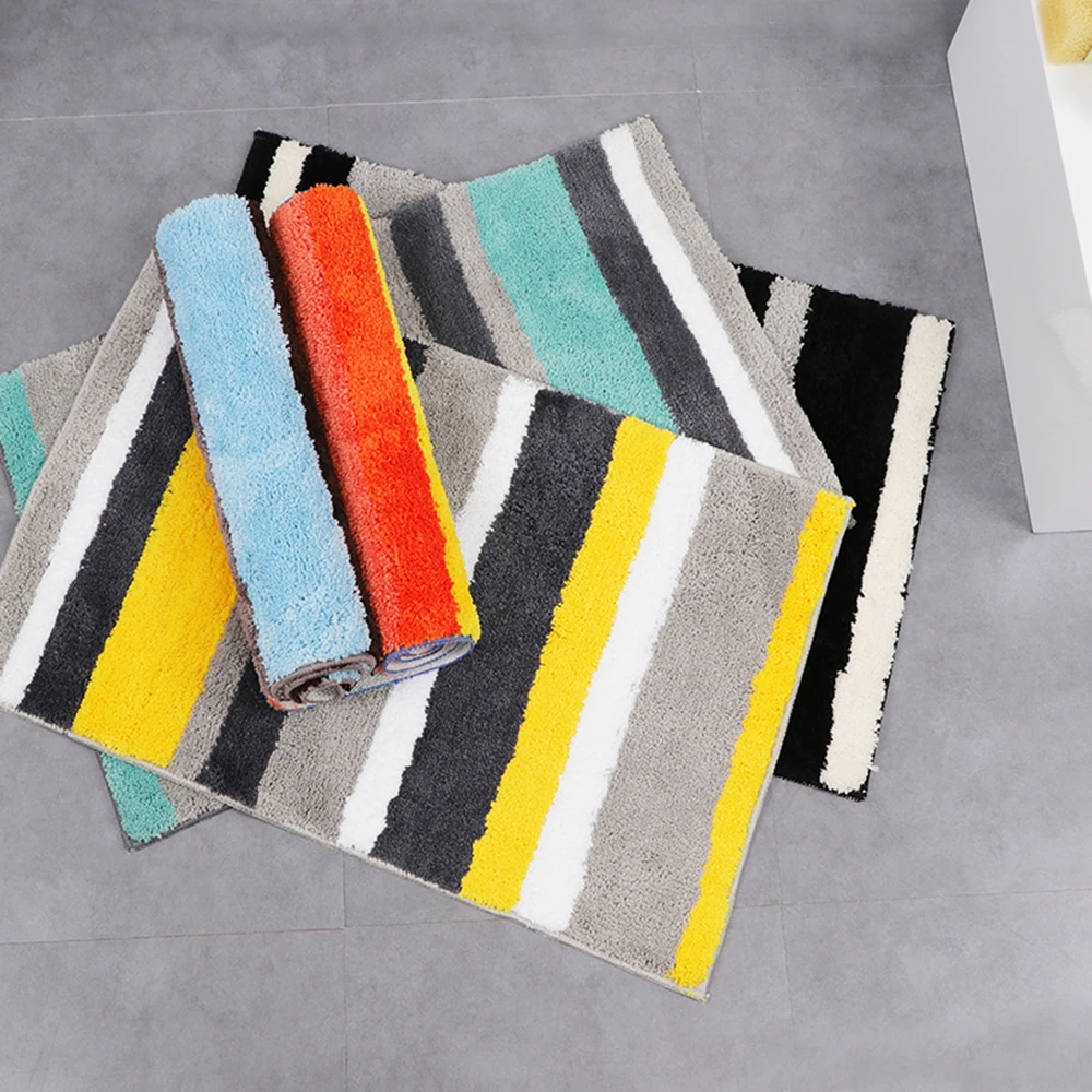 

Factory Wholesale Home Hotel Simple Colorful Stripe Water Absorbent Flocking Antislip Bathroom Mats Rugs Set