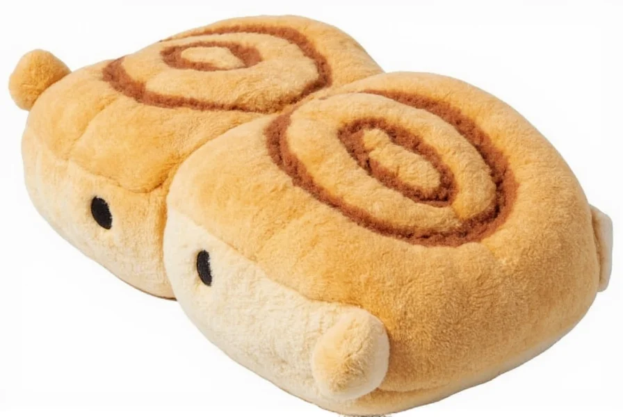 Cinnamon roll plush used as a decorative item on a kitchen shelf alongside baking ingredients and cookbooks