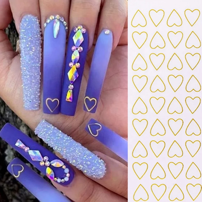 

Metal Heart Gold Manicure Nails Design Adhesive Sticker Wraps Tip Decoration 3D Nail Stickers