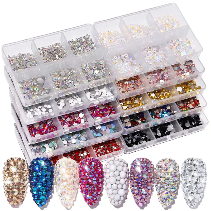

6 Grids Flat-bottom Grass Nail Art Rhinestones SS6-SS20 Mix Opal AB Colors Diamond 3D DIY Manicure Nail Decorations Accessories, Mixed color