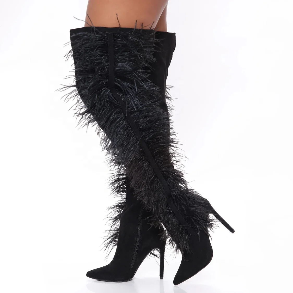 

New Fashion Plush Side Design Big Size 43 Women Over Knee High Boots Side Zip Stiletto Lady Pointed Toe Thigh High Long Booties, Black