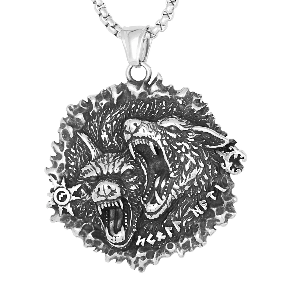 

Customized Vintage Viking Amulet Stainless Steel Double Wolf Pendant Necklace For Men Fashion Jewelry