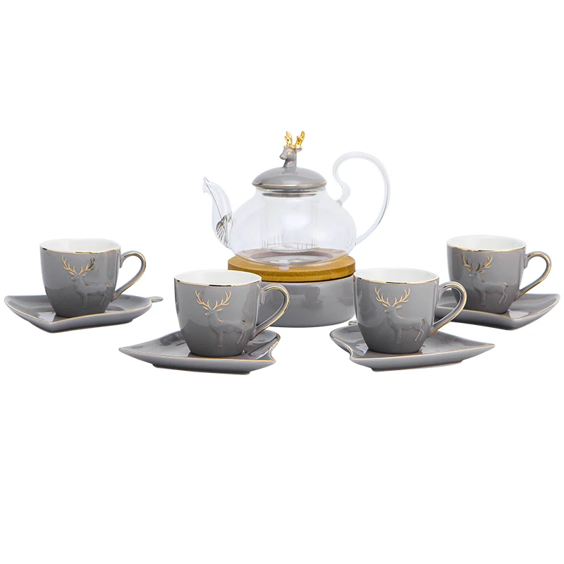 

Luxury tea pot set ceramic cups and saucer with glass tea pot coffee and tea cup, Green / white