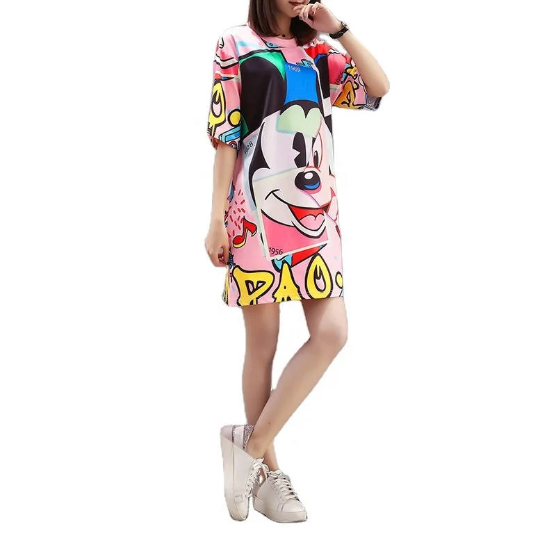 

Factory direct supply new design Polyester t shirt women short sleeve fashion cartoon vintage printed woman sleep dress