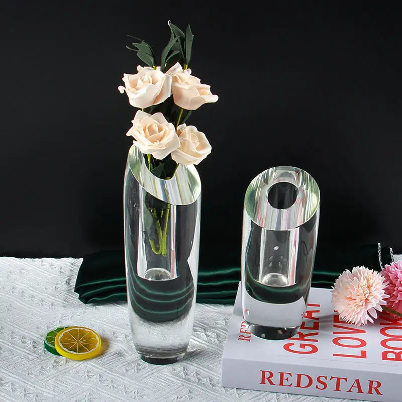 

Home Office Tabletop Desktop Decor Clear Crystal Vase Beveled Cylinder Shaped Crystal Glass Flower Vase