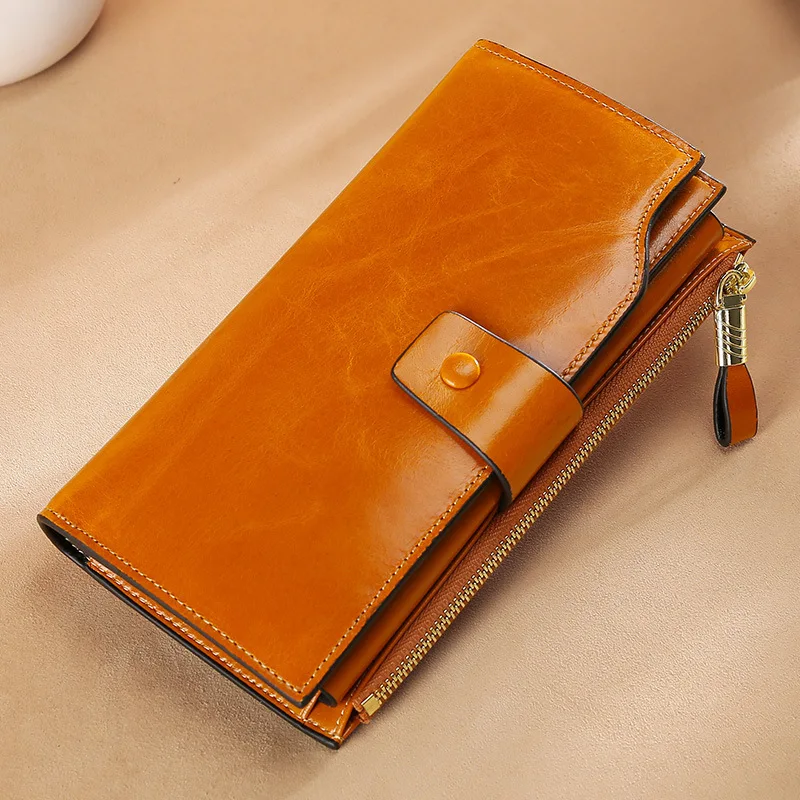 

2021 Fashionable Genuine Leather Ladies Wallets RFID Blocking Oil Wax Leather Mobile Phone Clutch Wallet for Women