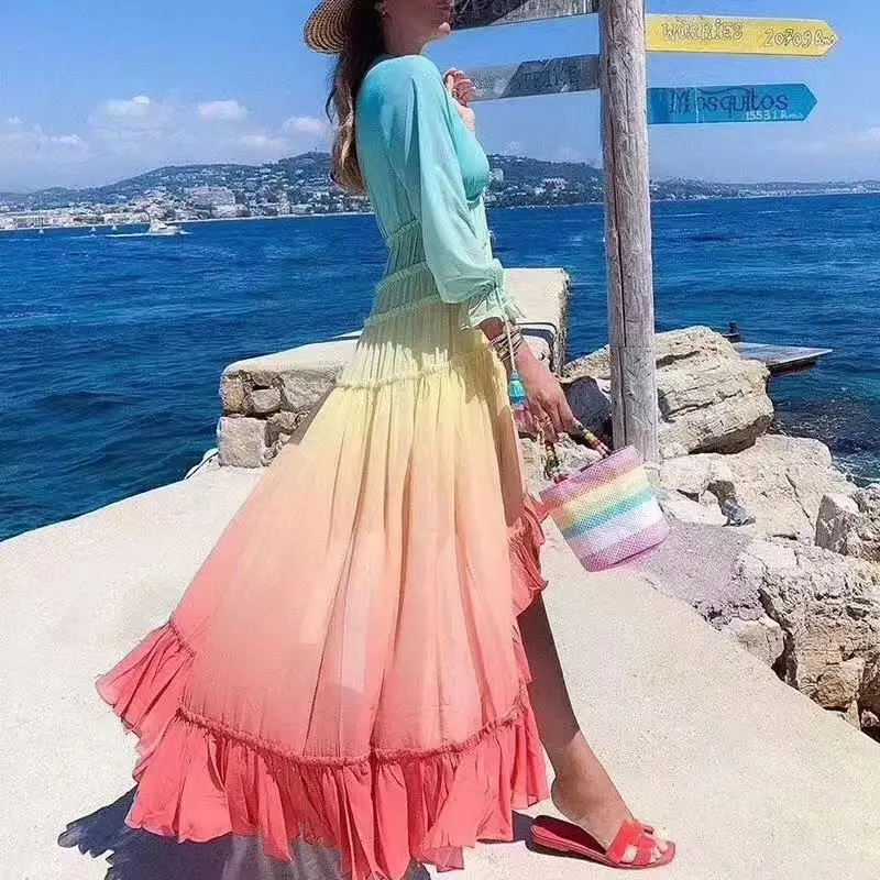 

Single Breasted Tassels Long Sleeve Sweet Ladies Official Elegant Dress Party, Gradient