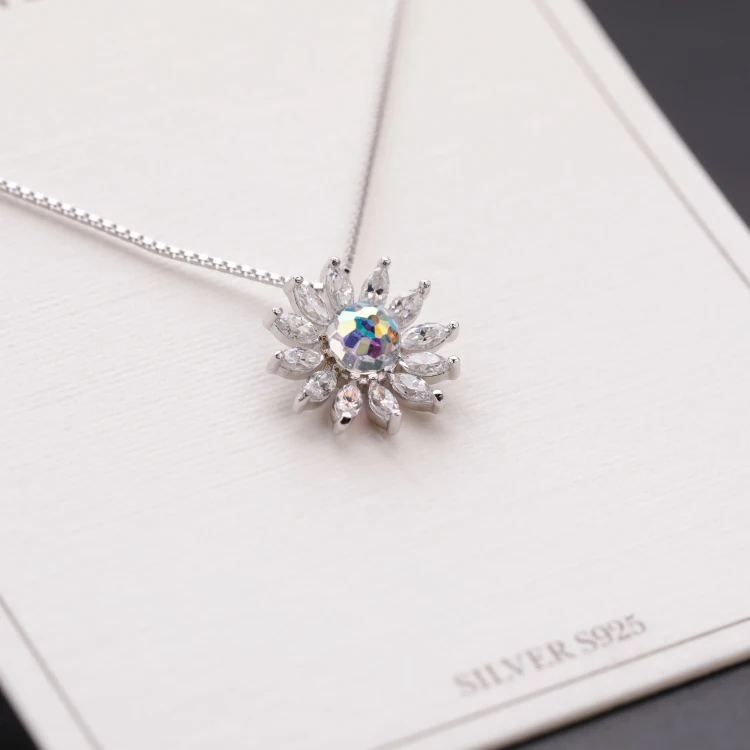 

2021 New Arrivals 925 Silver CZ Pave Sun Flower Pendant Necklace