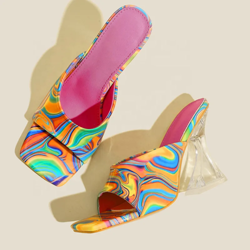 

Colorful Dazzling Marble Print Summer Heel Shoes Slip-on Square Toe Crystal High Heel Slippers Women Sandals Outdoor