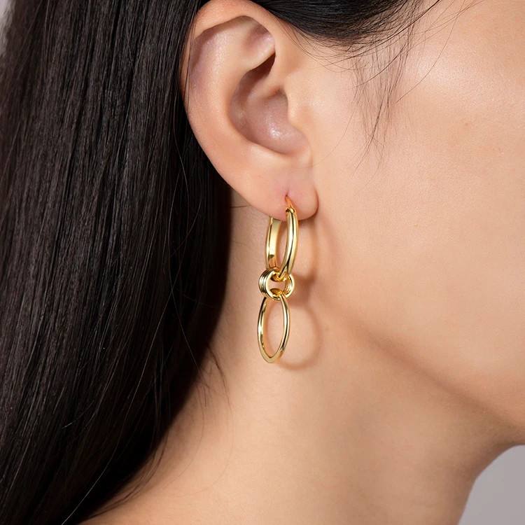 

2021 Trendy Pendant Thick Triple Hoop Earrings Women Statement Copper Brass Chunky 14K Gold Hoop Earrings