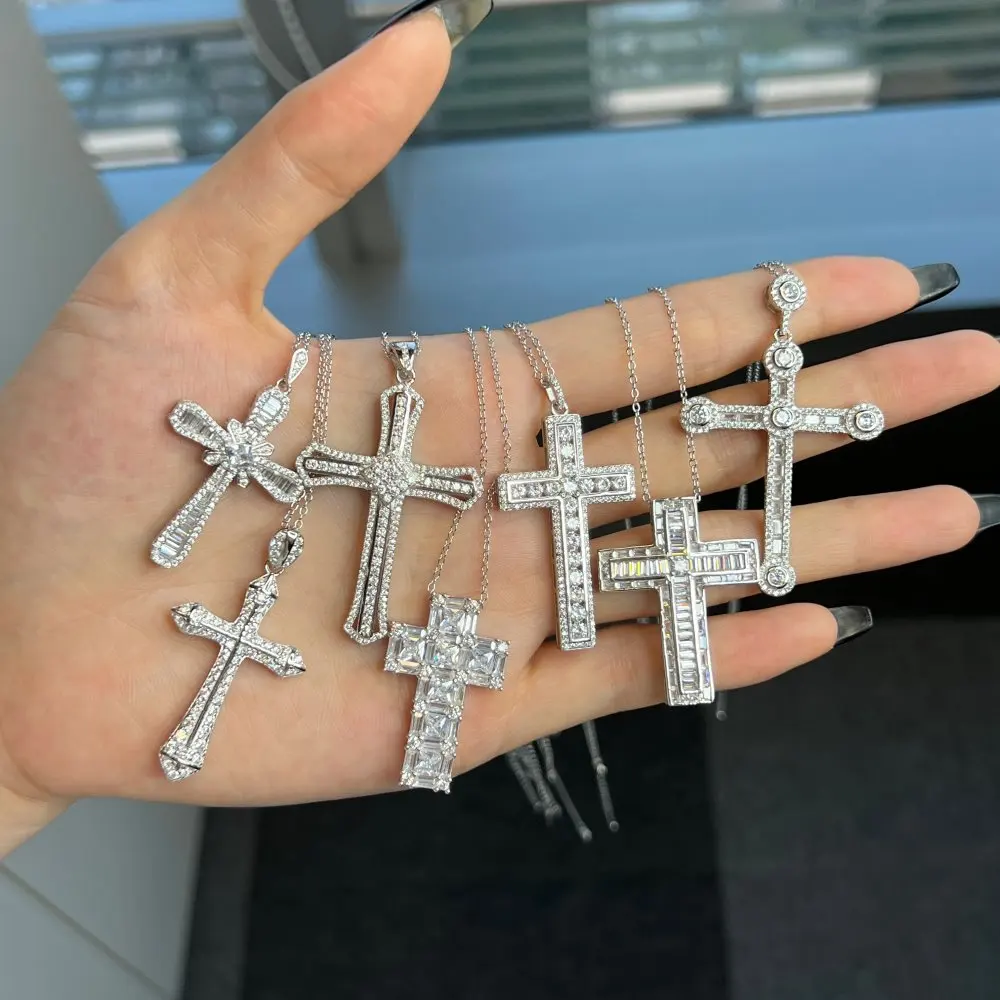 Iced Out Vermeil Necklaces Jewelry Women 925 Sterling Silver Necklace 5A Zircon Baguette Diamond Cross Pendant Necklace