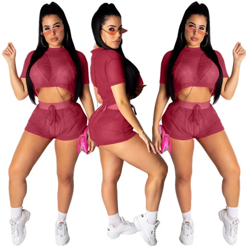 

90710-MX46 crop top mesh yarn transparent sexy ladies jumpsuit