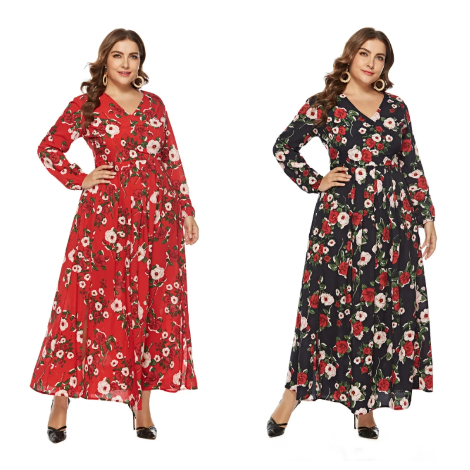 

6XL Autumn Women Plus Size Clothing Floral printing Long sleeve elegant casual long maxi Wrap dress plus size womens dresses