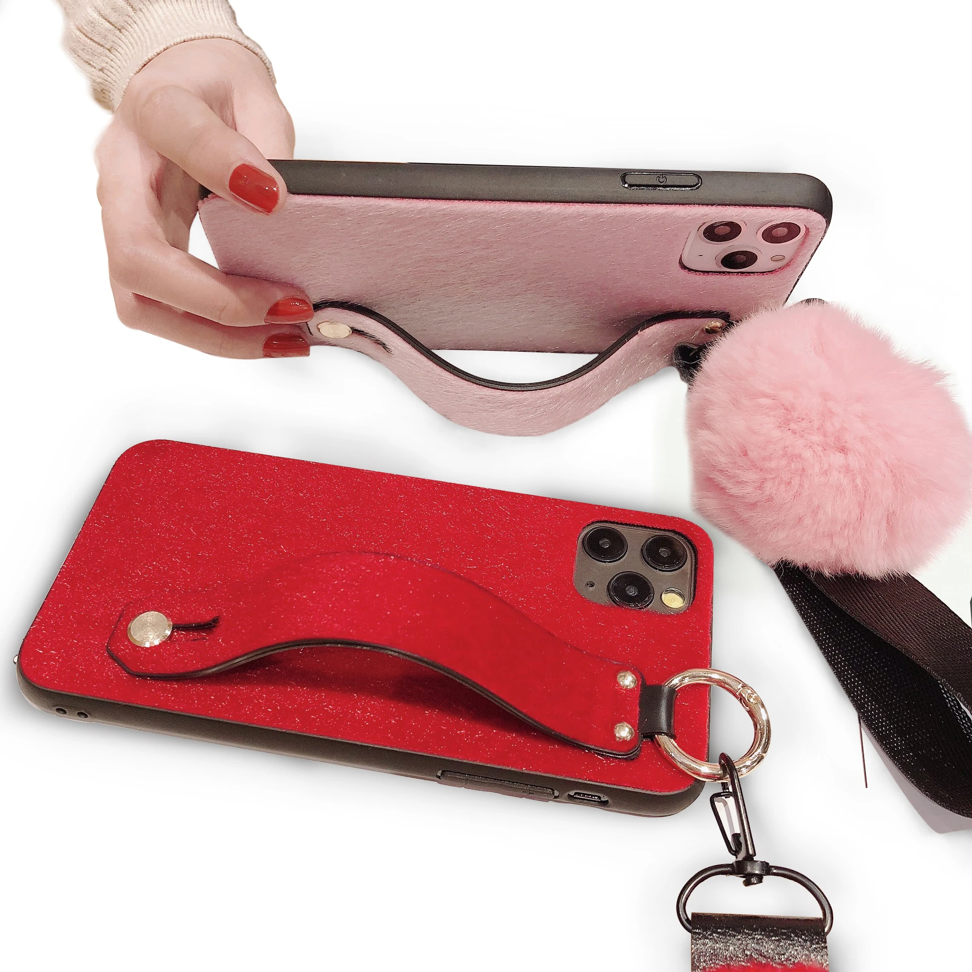 

HOCAYU Amazon Trending Women Luxury Fur Ball Cell Phone Case Funda For Apple Iphone 11 Case Shell For Iphone 11 Pro Wrist Band