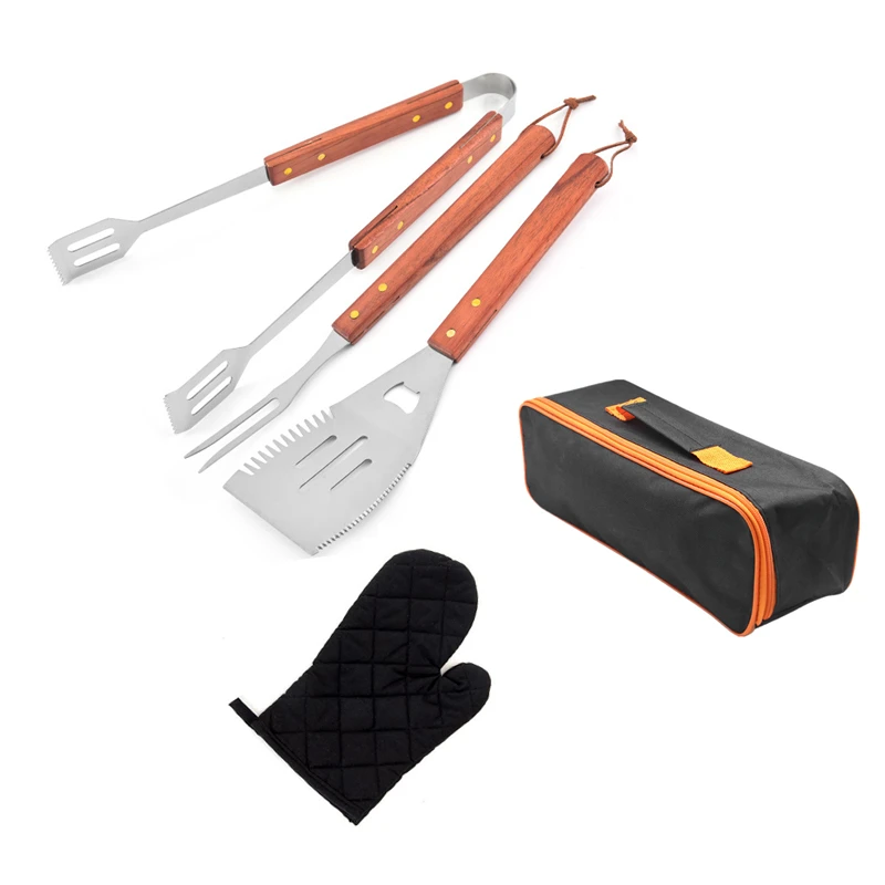 

Factory Wholesale Portable Travel Barbecue Accessories 4pcs Solid Wood Handle Stainless Steel BBQ Tool Set With Carry Bag