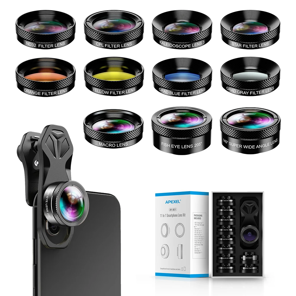 

Apexel 11 in 1 mobile phone camera pro lens kit wide angle fisheye telephoto macro lens for iphone