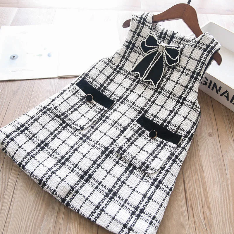

2021 winter little baby dress plaid toddler girls dresses classical puff sleeve fleece 35778