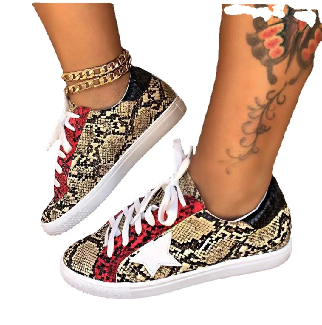 

2021 new snakeskin print PU women's shoes flat fashion sneakers, 3 colors