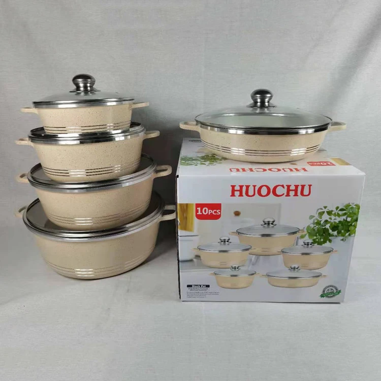 

OEM/ODM 10pcs 20cm 24cm 28cm 32 white pots and pans non-stick pot pan aluminum non stick granite soup & stock pots cookware sets, Grey, beige