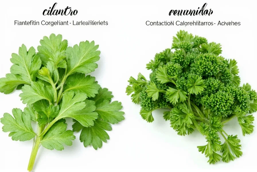 Close-up of coriander seeds next to fresh cilantro leaves