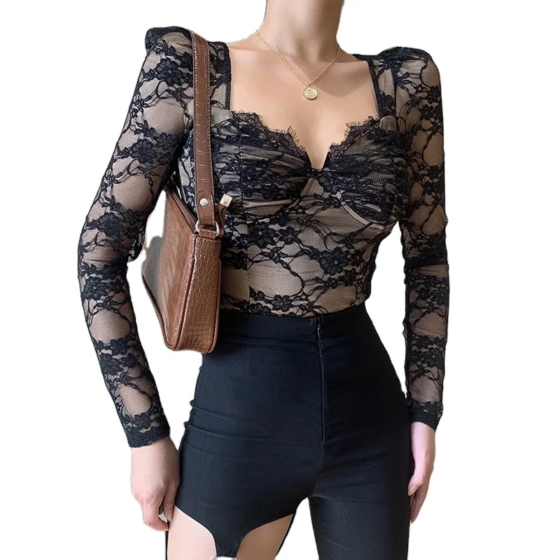 

Chest Cup Lace Long Sleeve Top Women's spring fashion sexy black Bodypack V-neck shirt