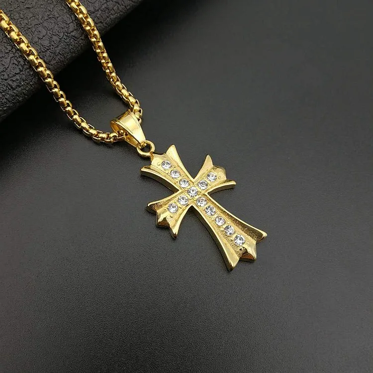 

NS1144 hiphop 18K gold plated stainless steel box chain necklace, charm stainless steel CZ cross pendant men necklace