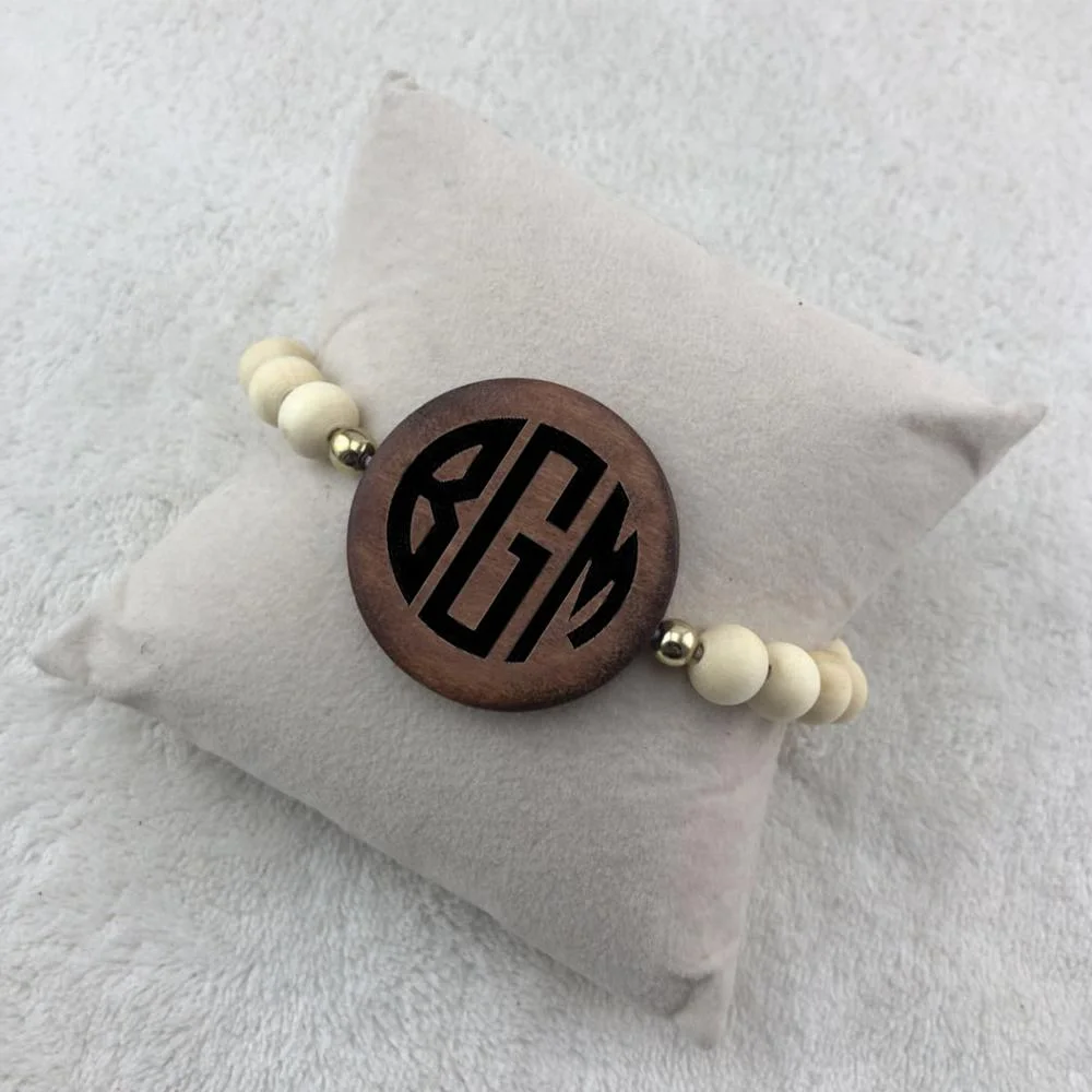 

Monogram Wood Beaded Blank Wooden Disc Elastic Rope Chain Bracelet, As the picture