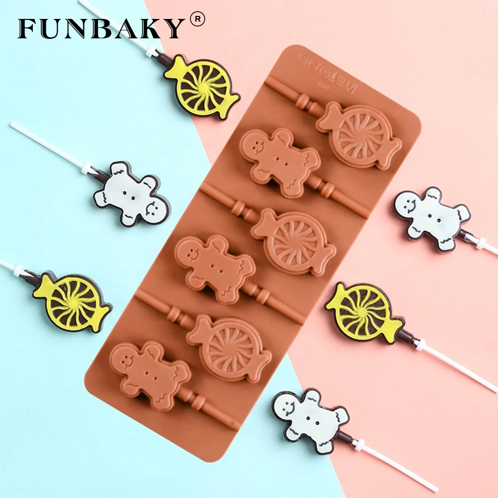 

FUNBAKY JSC1878 Candy silicone mold 6 cavity hard candy making tool new design candy people shape lollipop mold for shape making, Customized color