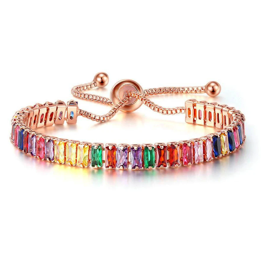 

Luxury Gold Silver Plated Adjustable Copper Tennis Chain Woman Girls 3A Colorful Rainbow Cubic Zircon Bracelet Jewelry, As picture