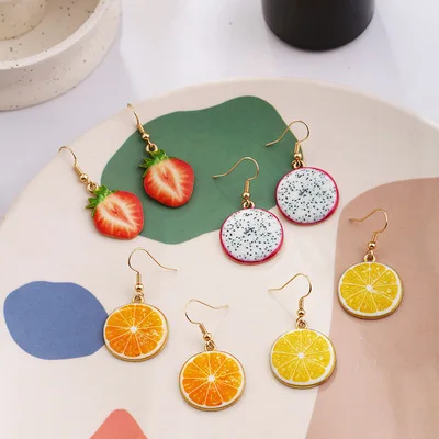 

New Arrivals Personality Fashionable Creative Funny Imitation Orange Lemon Strawberry Pitaya Pendant Jewellery Earrings Trendy