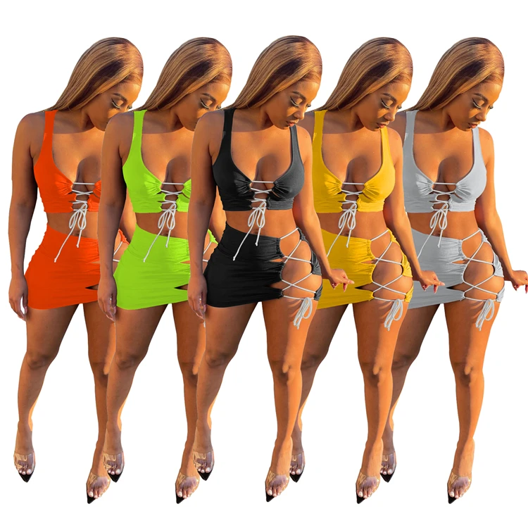 

Sexy Ladies 2pc Outfits Tank Top Mini Skirt Stretchy Solid Color Summer Beach Women Two Piece Short Sets, Custom color