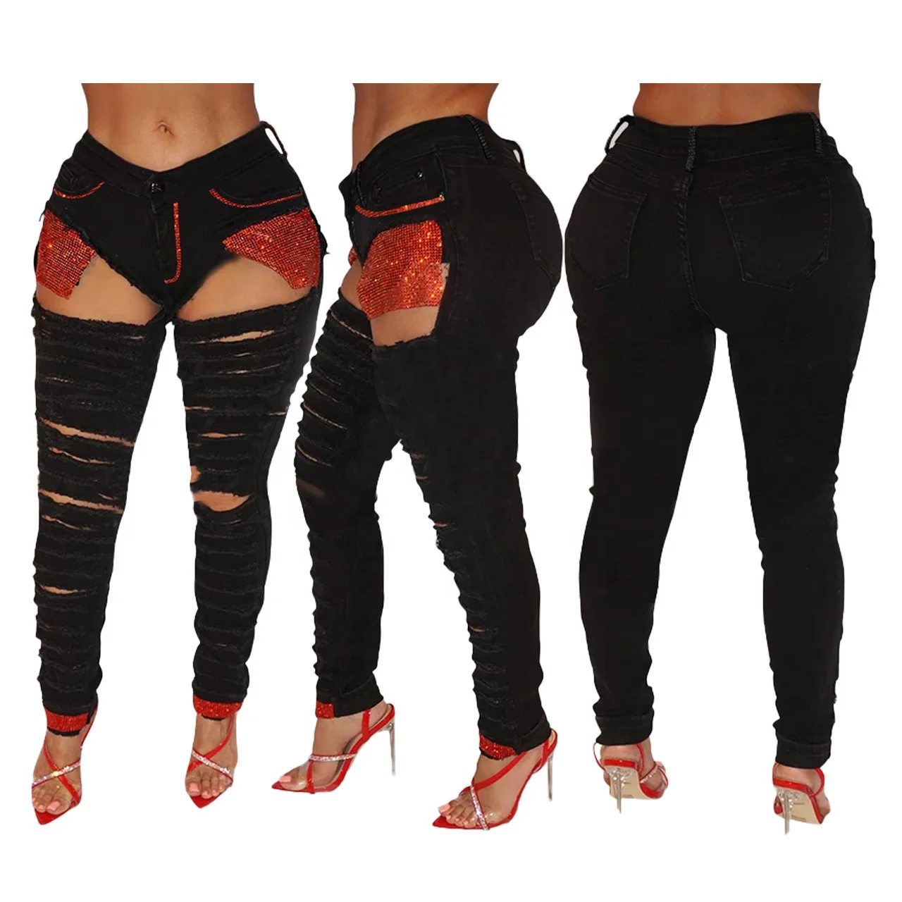 

Ripped Blue Short Stretch Cut Up Female Stacked Trousers Ladies Plus Size Jeans Denim Pants For Women, As shown