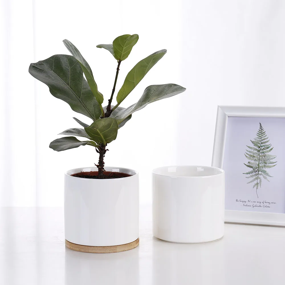 

Elegant matt white glazed high Quality cylinder ceramic flower pot with bamboo trays, Gloss white