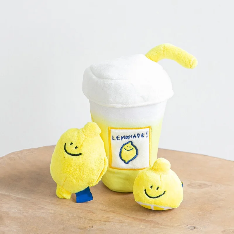 

Wholesale Pet Biting Playing Squeaky Stuffed Lemon Tea Plush Pet Dog Toy, Yellow