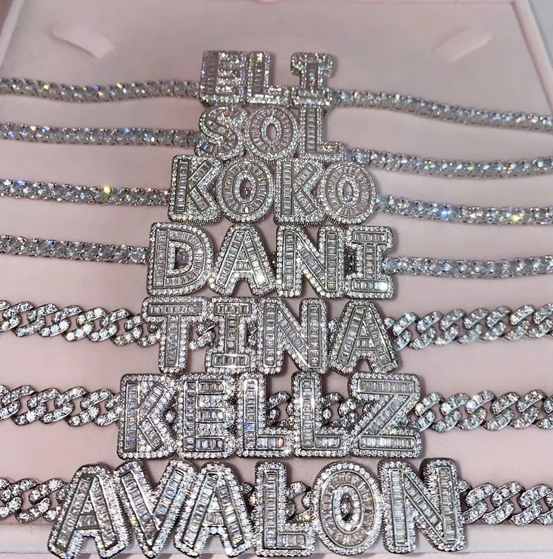 

iced out bling diamond 5 A CZ tennis cuban link chain letter charm DIY customize name necklace for women, Silver