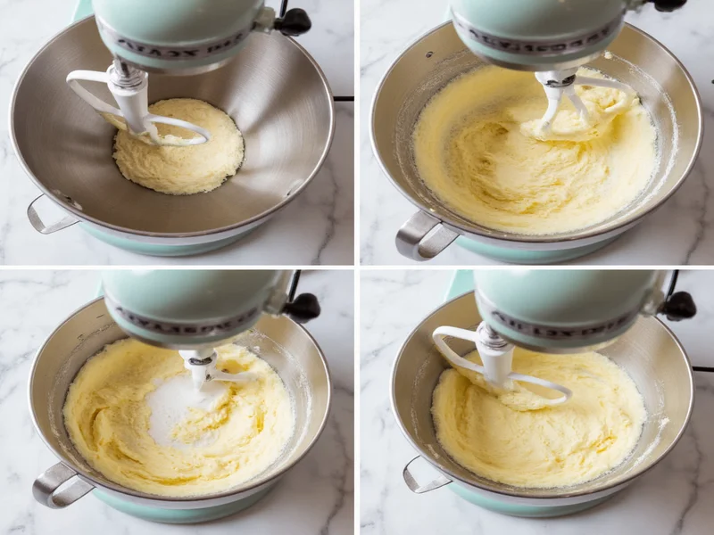 Step-by-step photos of buttercream mixing process in stand mixer