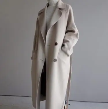 Wholesale 2026 Autumn and Winter New Solid Color Coat Korean Mid-length Loose Over the Knee Waist Casual Women Woolen Coat