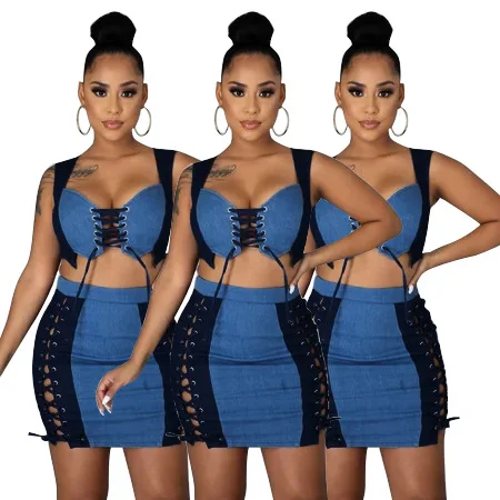 

YZ1256 New arrivals sexy bandage summer outfits bodycon crop top womens 2 piece outfit jean skirt 2 piece set women