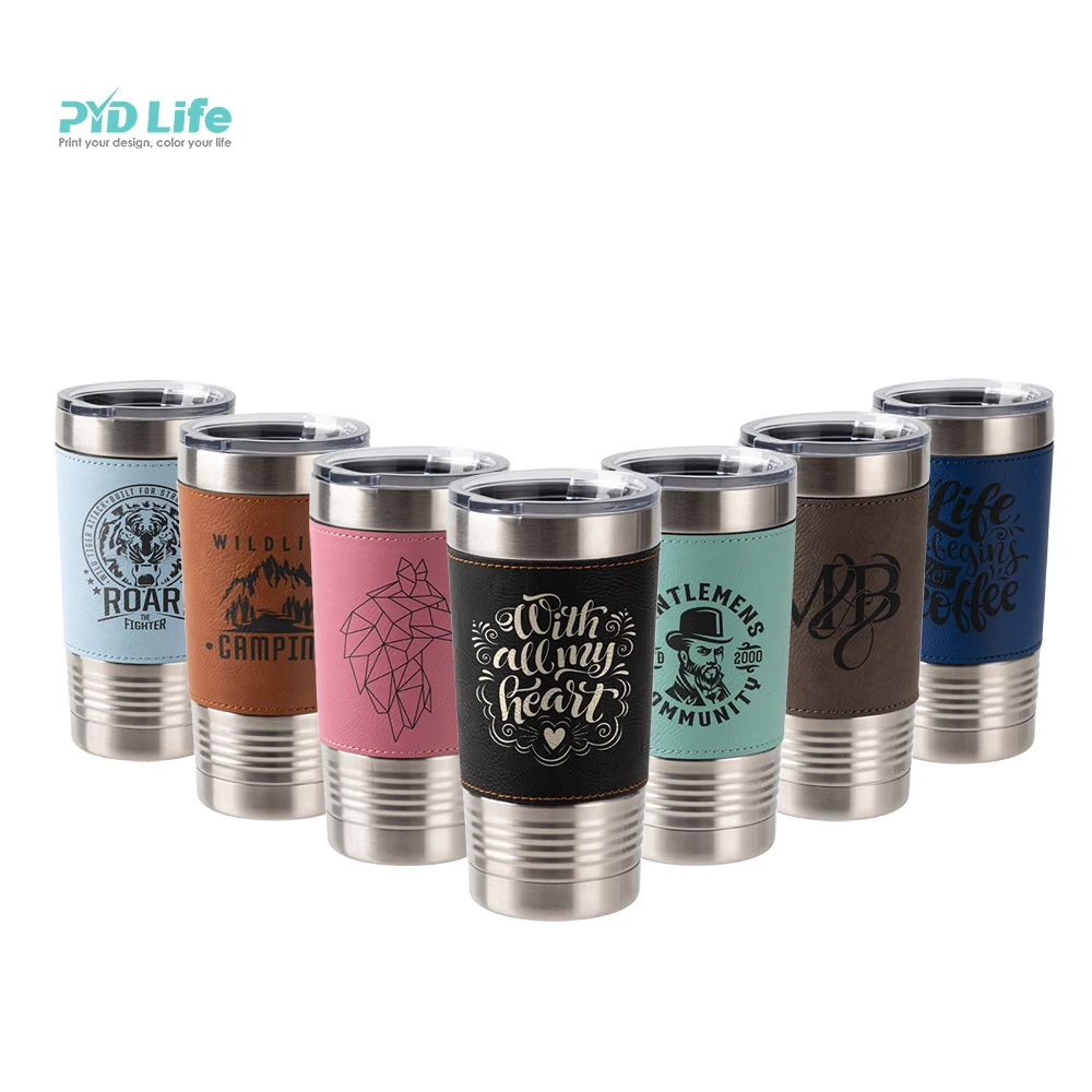 

PYD Life Newest Wholesale 20OZ Stainless Steel Cups Coffee Tumbler Cup With Lid Laserable Leatherette Tumbler, Black, light blue, mint green, dark blue, pink, brown, light gray