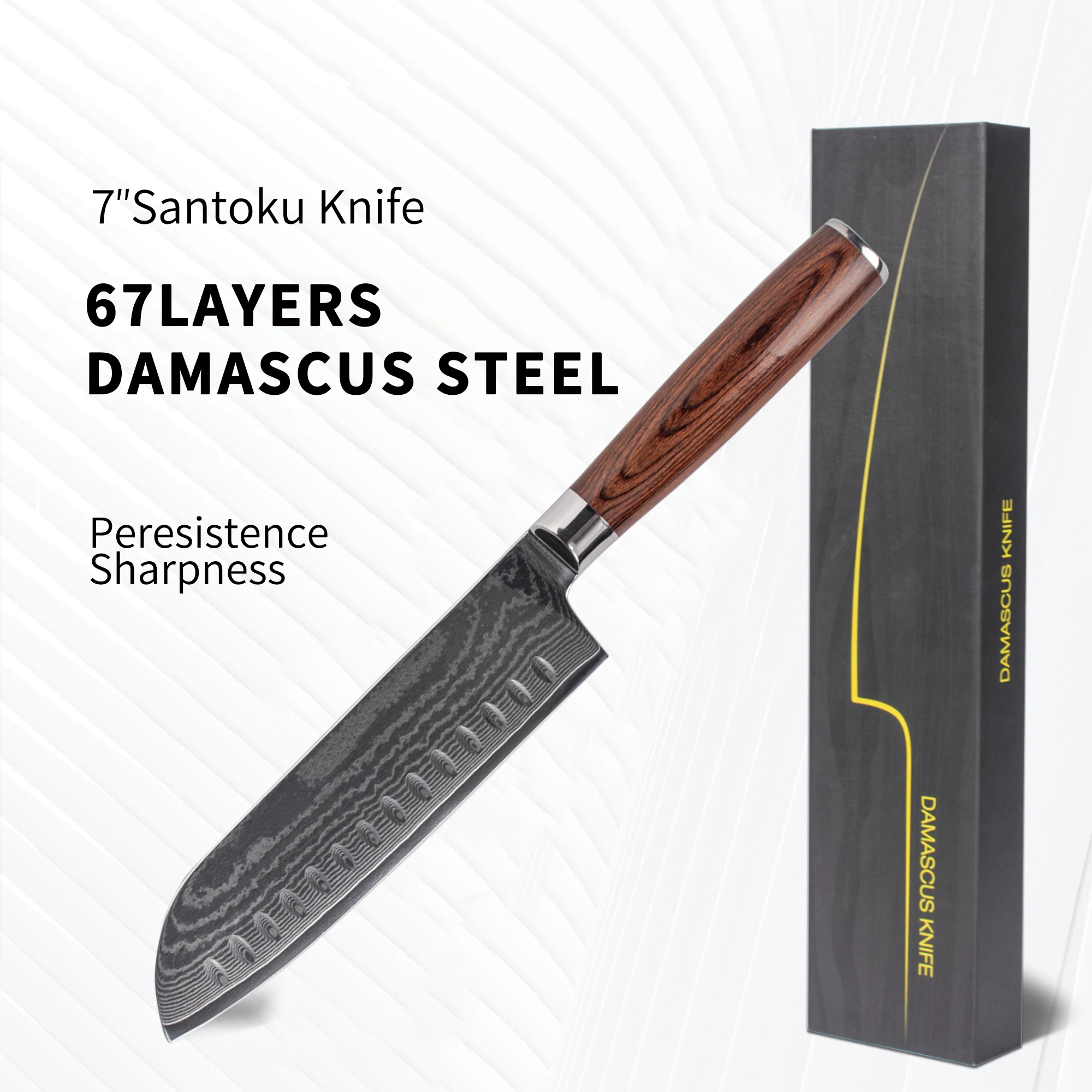 

OEM/Wholesale 7 inch Damascus Santoku Knife 67 layer stainless steel pakka wood Handle chef Kitchen Knifes
